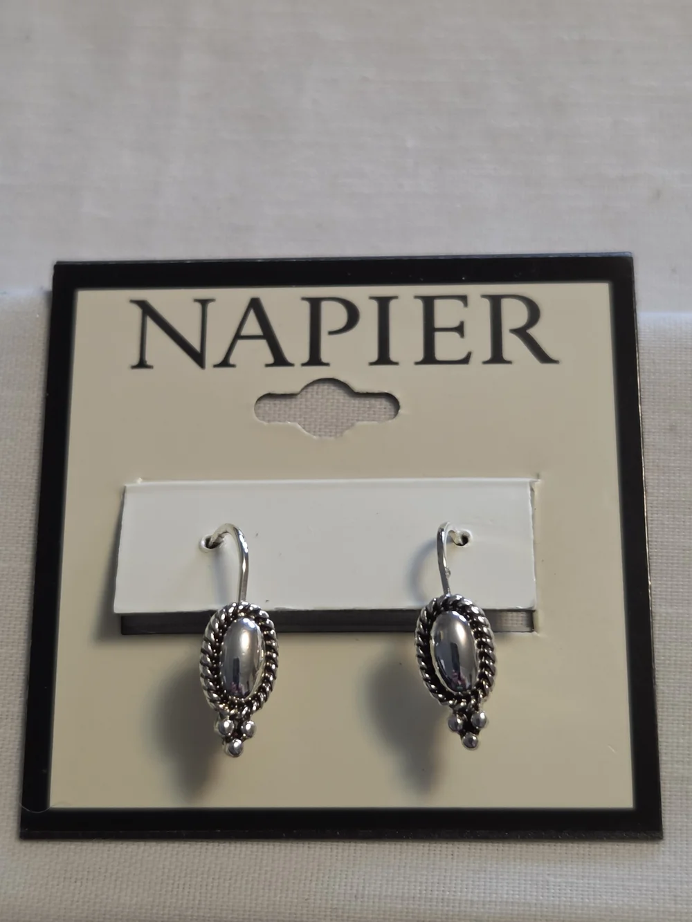 Unsigned Napier Silver-Tone Oval Rope-Edge Drop Earrings